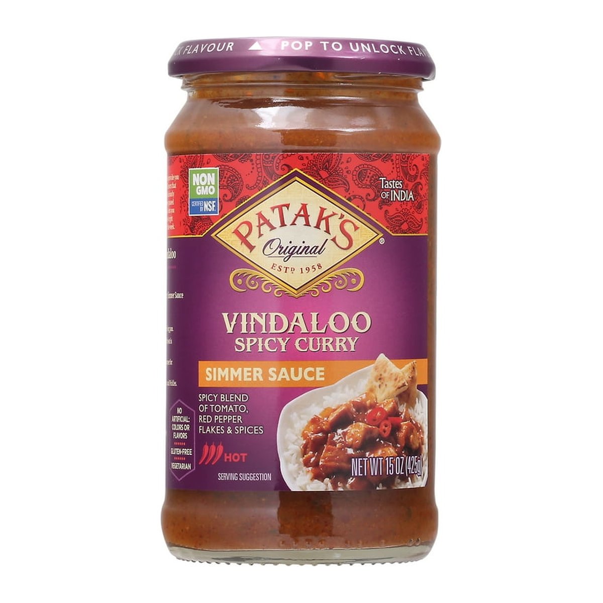 PATAK VINDALOO SPICYSIMMER SAUCE 15OZ - Image 1